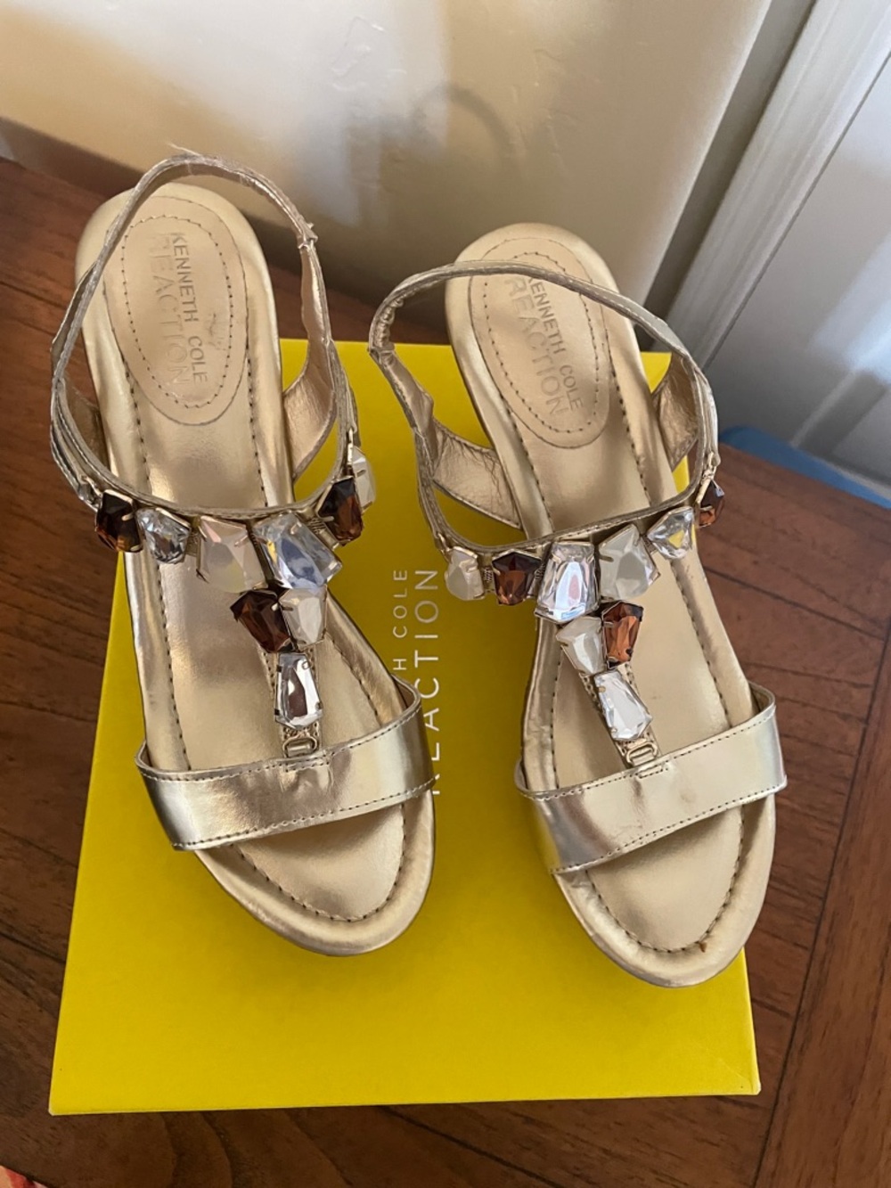 Kenneth Cole Metallic Gold T-Strap Gemstone Sandals - Women